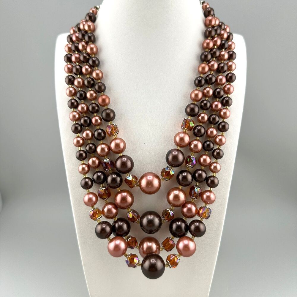 Vintage Japan Faux Pearl Necklace Multi Strand Topaz Root Beer Color AB Beads - Picture 1 of 16